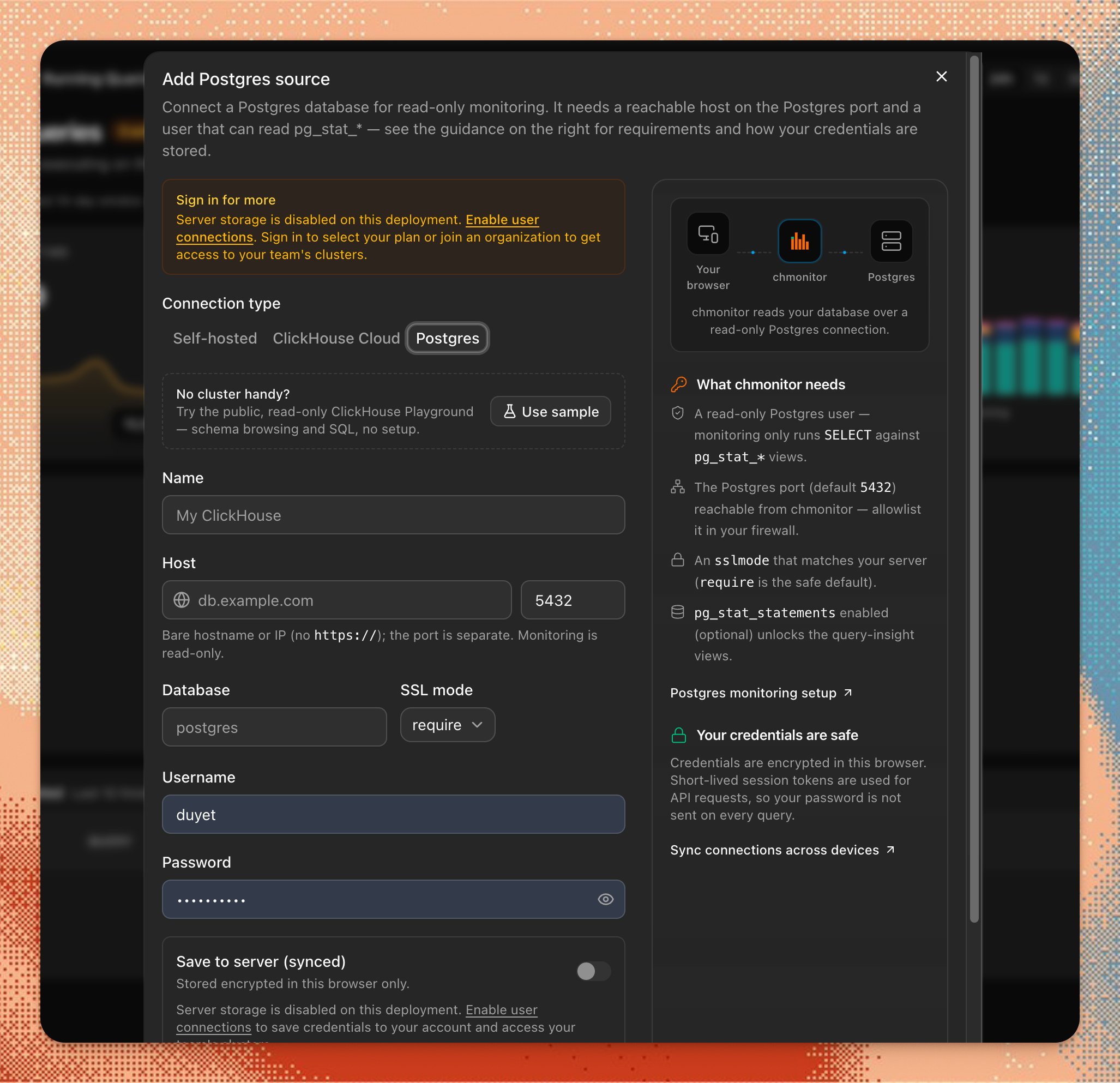 Add Postgres source dialog: read-only connection, pg_stat_* requirements and encrypted credentials
