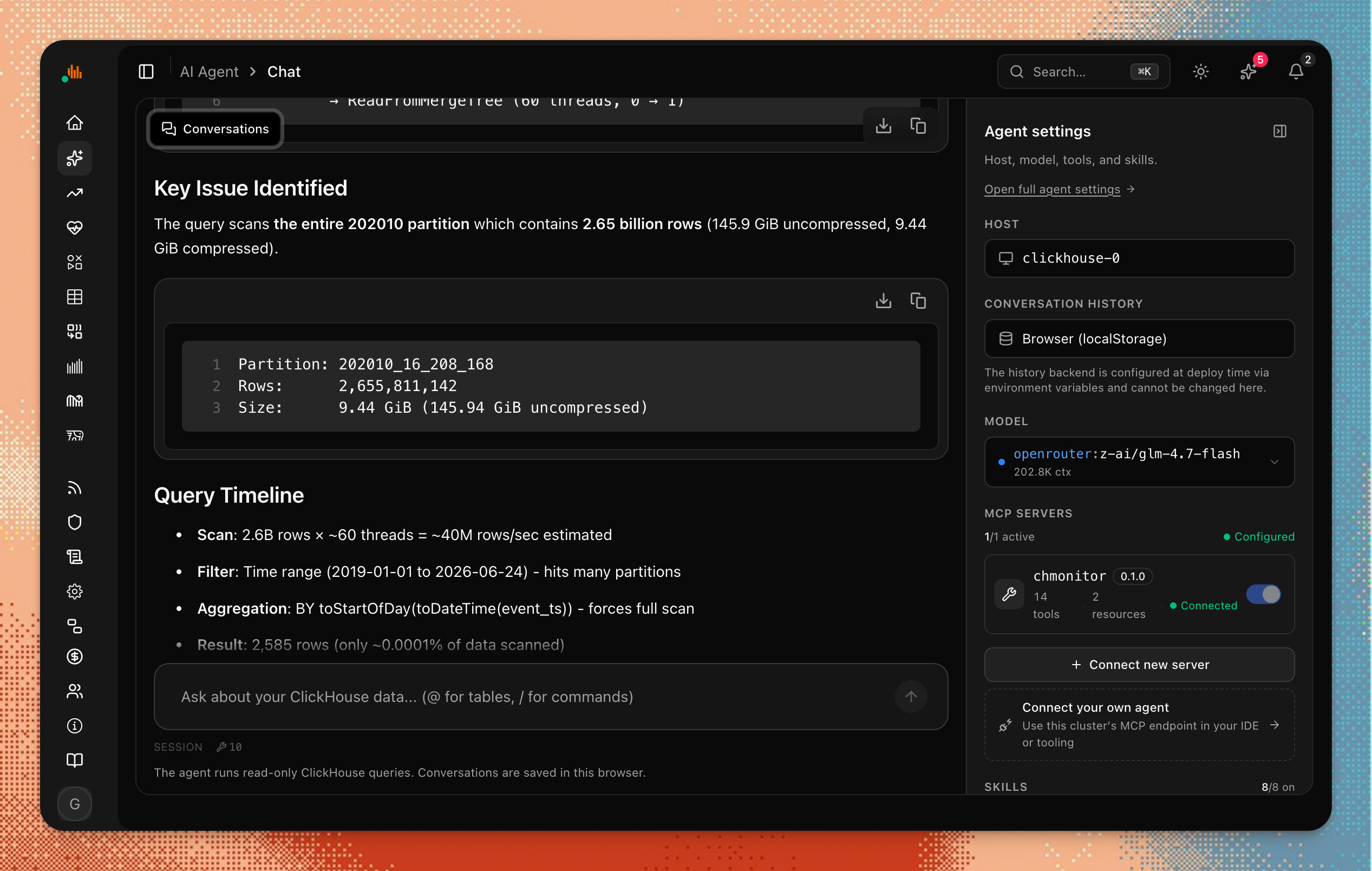 chmonitor AI agent conversation with schema-aware recommendations
