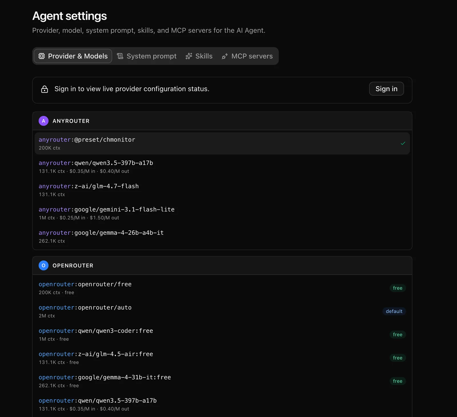 AI agent settings: model selection, API keys and skills