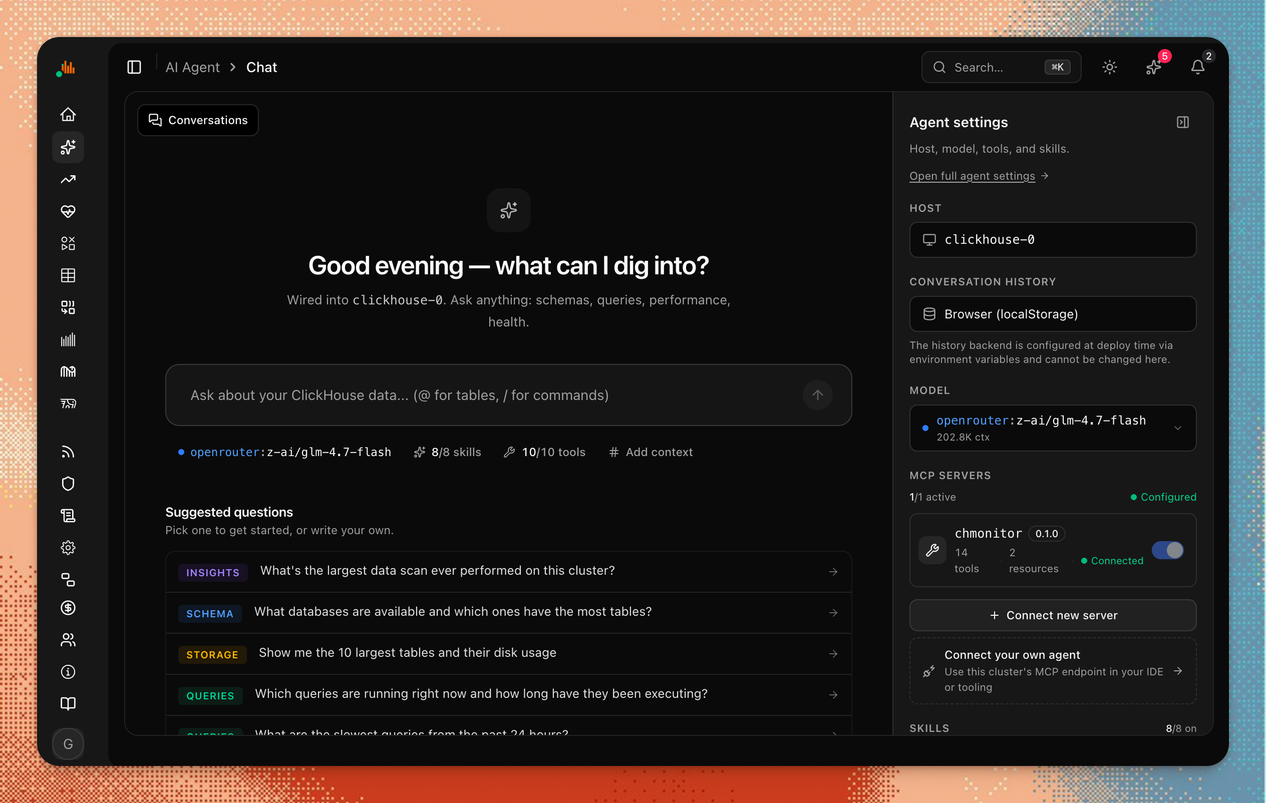 AI agent starting screen with suggested prompts