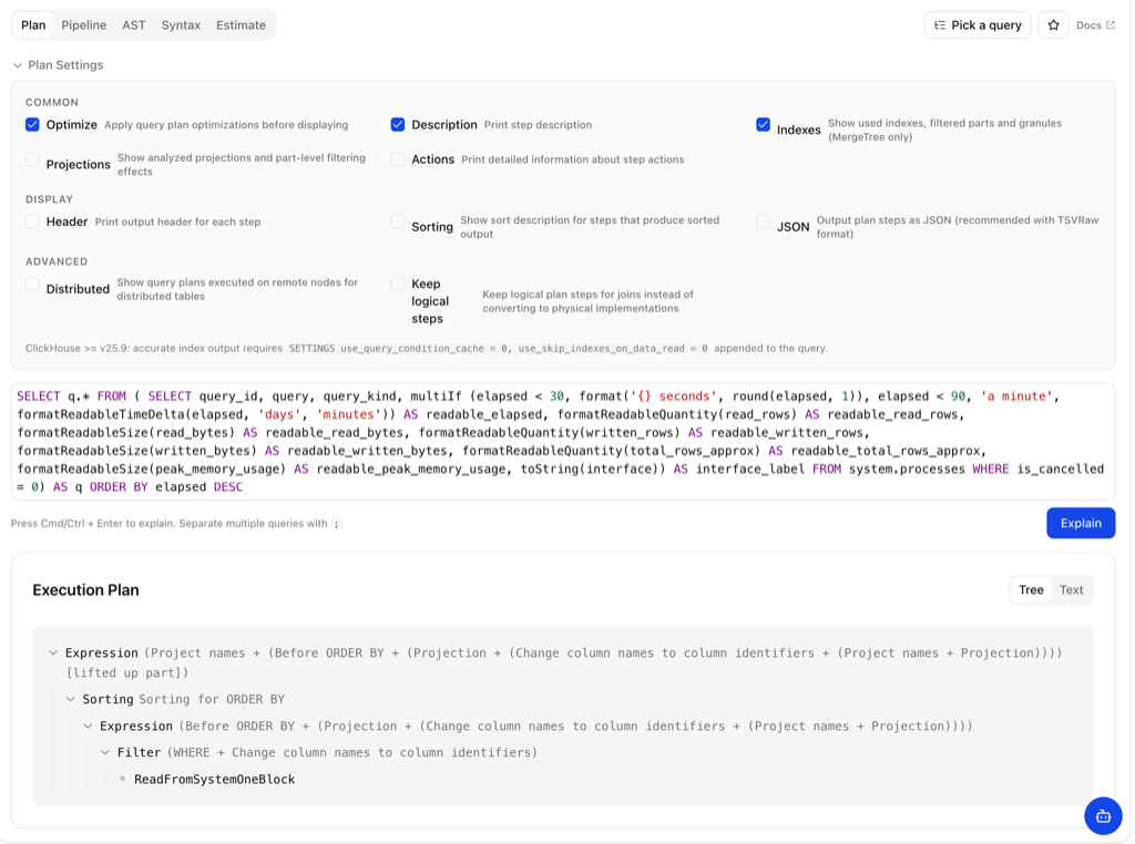 chmonitor EXPLAIN view with recommend-only tuning suggestions