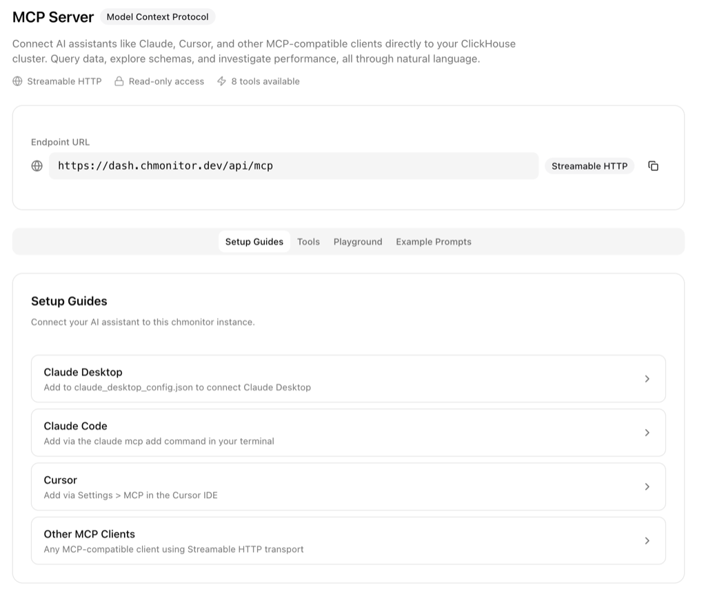 chmonitor MCP server setup page with endpoint and client config