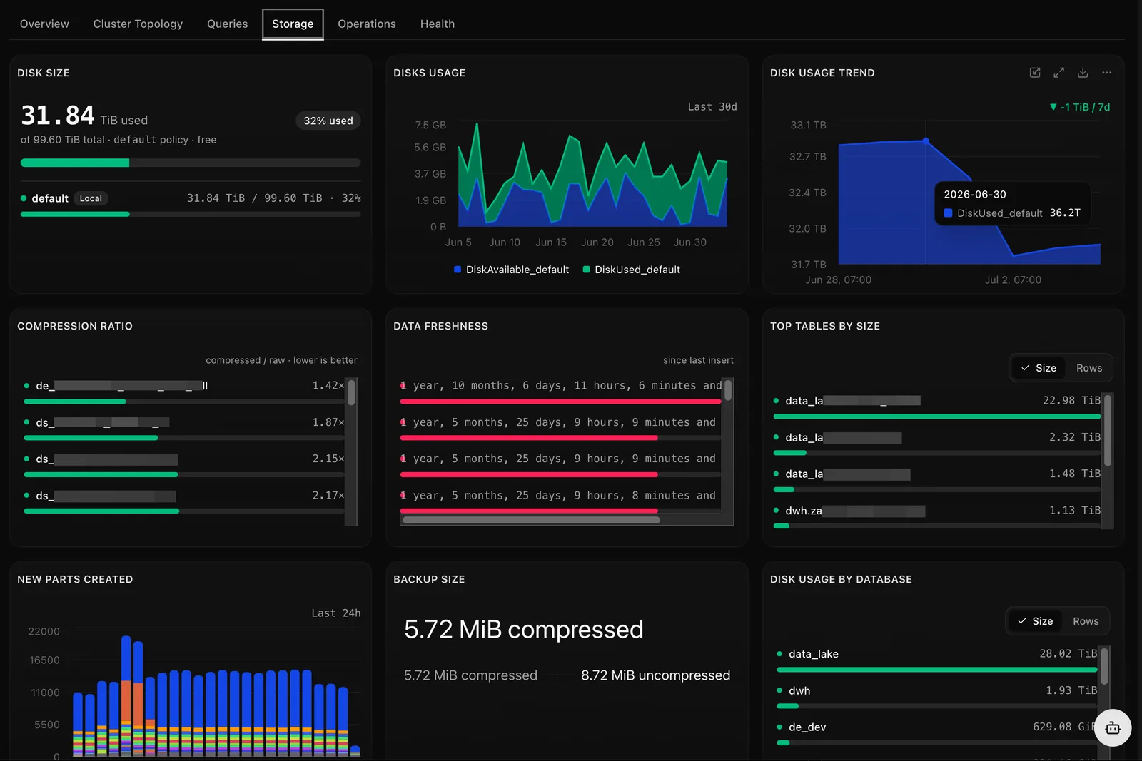 chmonitor storage page ranking tables by size on disk
